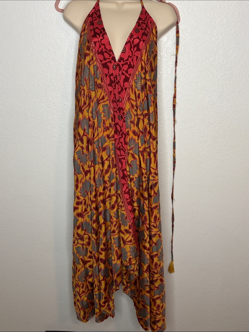 Moksha Ibiza Orange Metallic Floral Silk Handkerchief One Size Dress Resort